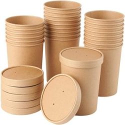 25pack 32oz Paper Soup Containers with Lids, Disposable Kraft Paper Food Cups, Ice Cream Cups, Paper food Storage with Lids, Microwavable and freezer safe, Suitable for Christmas Thanksgiving (Brown)
